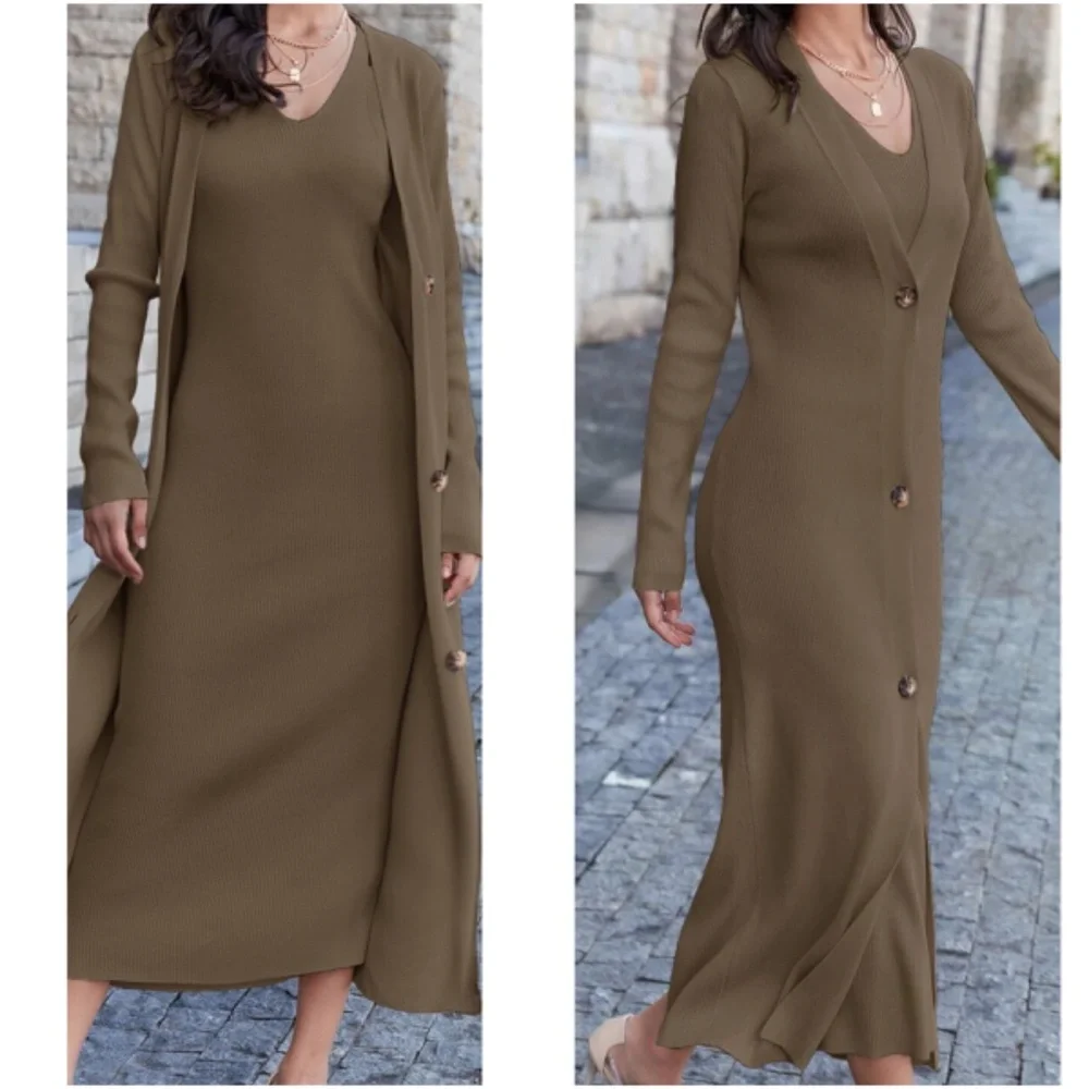 Classic Sleeveless Midi Dress Button Down Long Cardigan Set - Picture 2 of 11